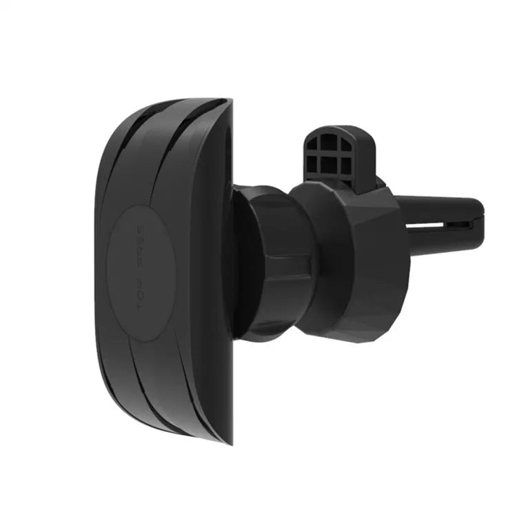 Black magnetic car phone holder mounted on car air vent with phone attached