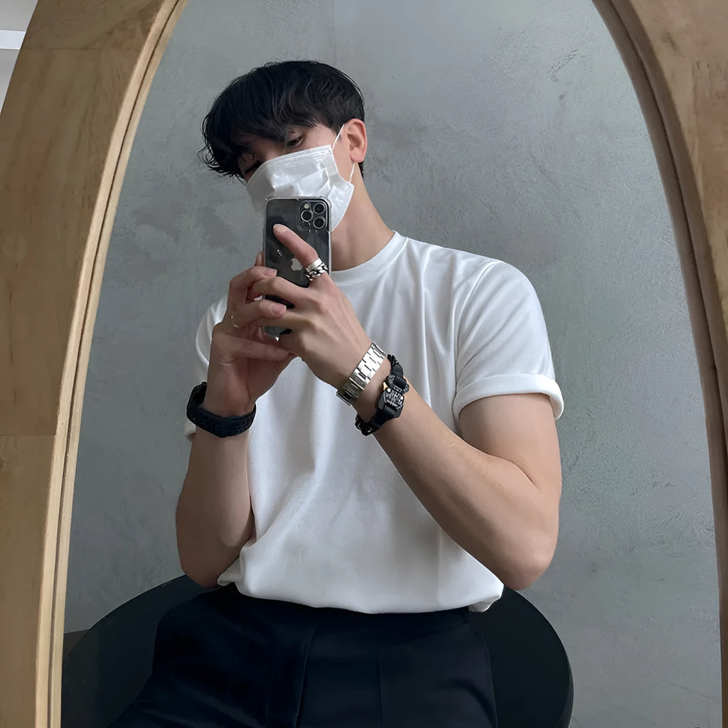 Men's slim fit cotton T-shirt with round neck and short sleeves in white solid colour