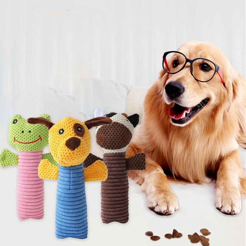 Squeaky plush dog chew toy in animal shapes for dental cleaning, size 19cm by 5cm