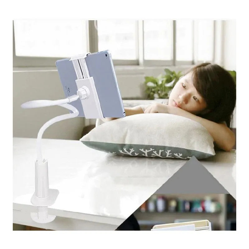 Black flexible mount holder with bendy arm and suction base holding a tablet