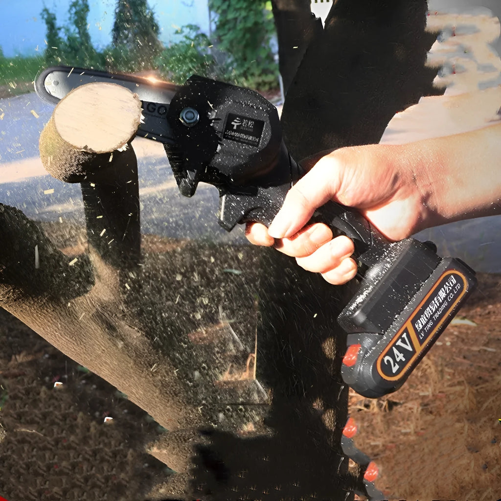 Wireless 6-inch lithium battery chain saw, EU Model 002, for garden pruning and wood cutting