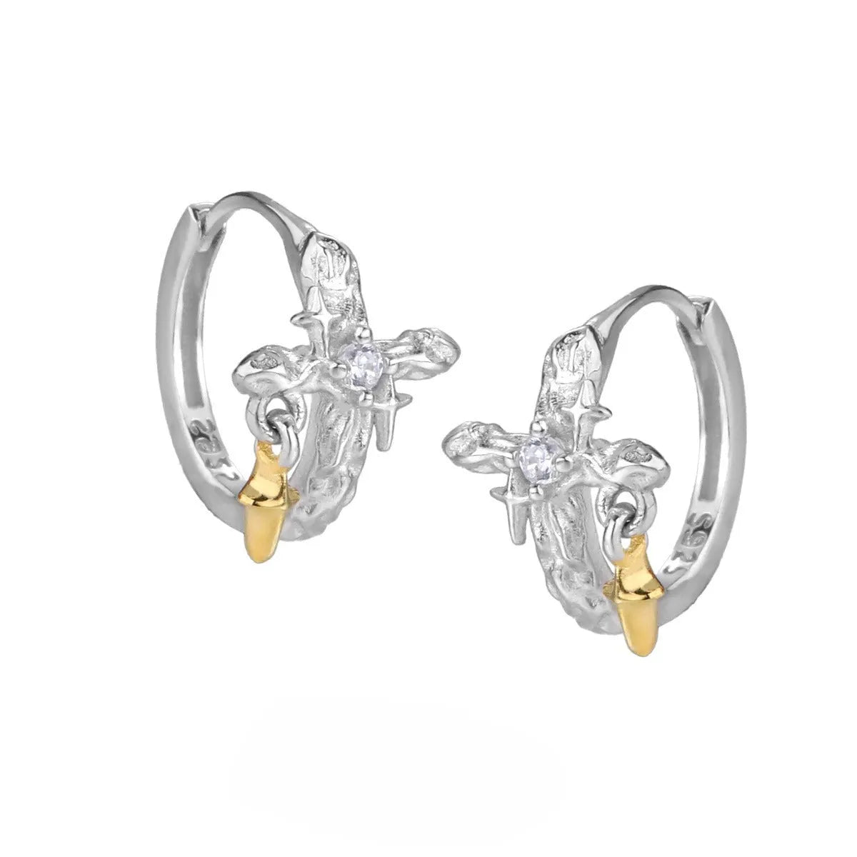 Women's geometric cross earrings in white gold colour made from 925 silver with round design elements