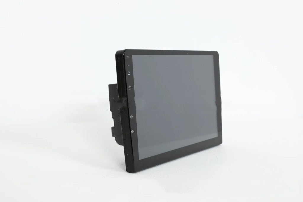 10.1 inch universal Android car stereo head unit with trapezoid touch screen display for dashboard installation.