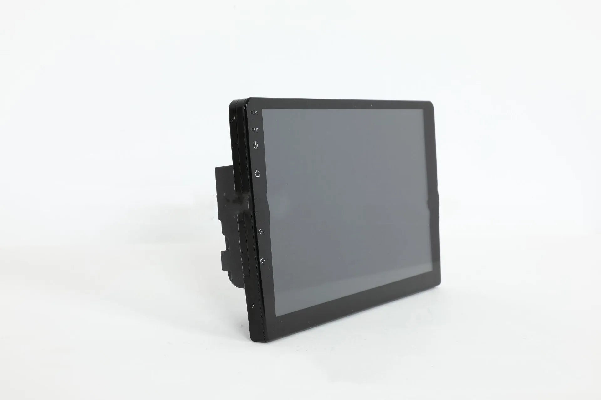 10.1 inch universal Android car stereo head unit with trapezoid touch screen display for dashboard installation.