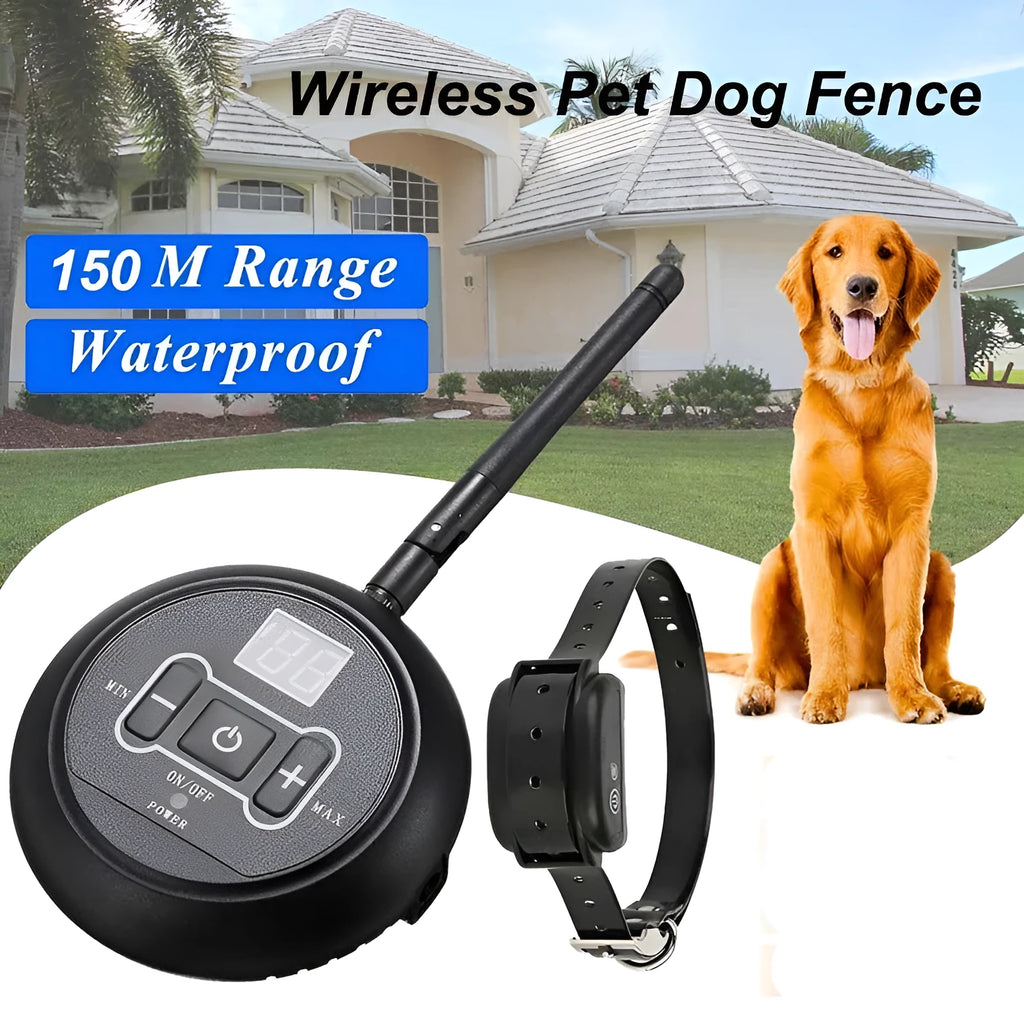 Wireless pet fence training collar with transmitter, IP67 waterproof, adjustable signal, 150m range, fits 25 inch neck