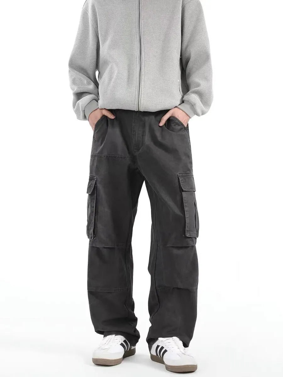 Men's multi-pocket cargo pants in army green or grey, cotton workwear trousers with drawstring waist, sizes M to 3XL