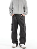 Men's multi-pocket cargo pants in army green or grey, cotton workwear trousers with drawstring waist, sizes M to 3XL