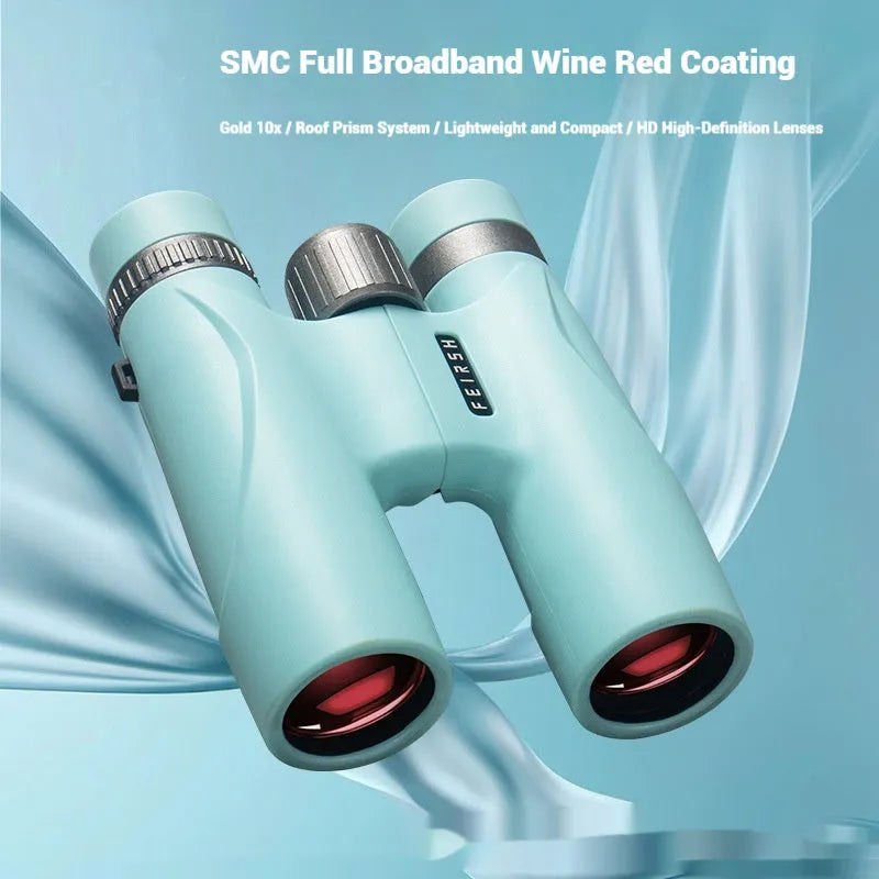 Blue 10x32 binoculars with wine red film lenses showing compact plastic housing
