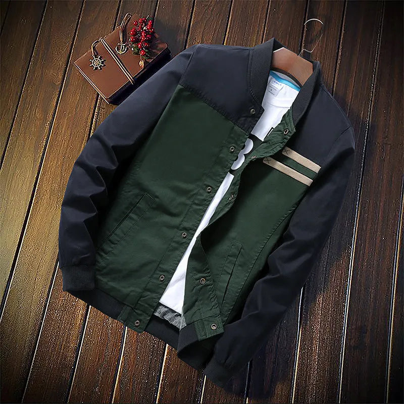Men's Korean style single-breasted casual jacket in cotton with colour-blocked blue and green pattern, lightweight design for daily wear
