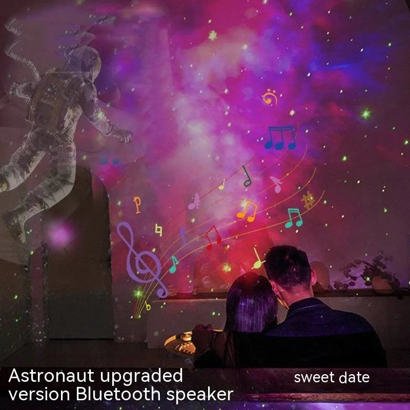 Astronaut starry sky projection lamp with Bluetooth audio, remote control, USB cable, and bottom seat, 8.8x7.6x12.5cm.