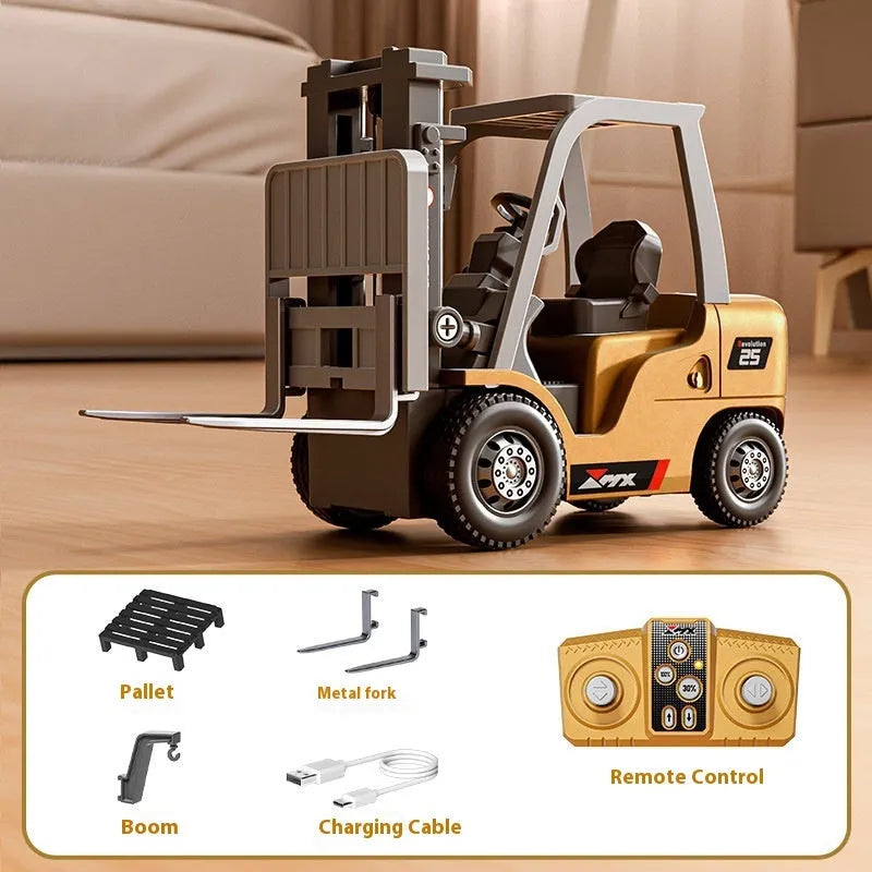 Blue alloy forklift remote control car with cargo accessories on pallet