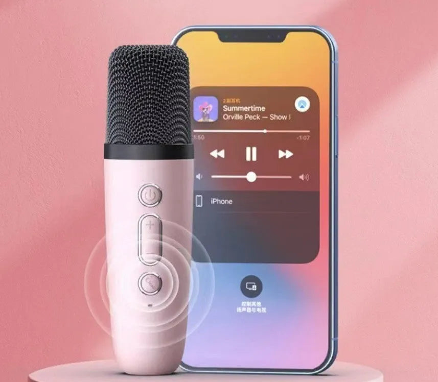 Portable karaoke microphone Bluetooth speaker with coloured lights in pink, sky blue, and white colour options
