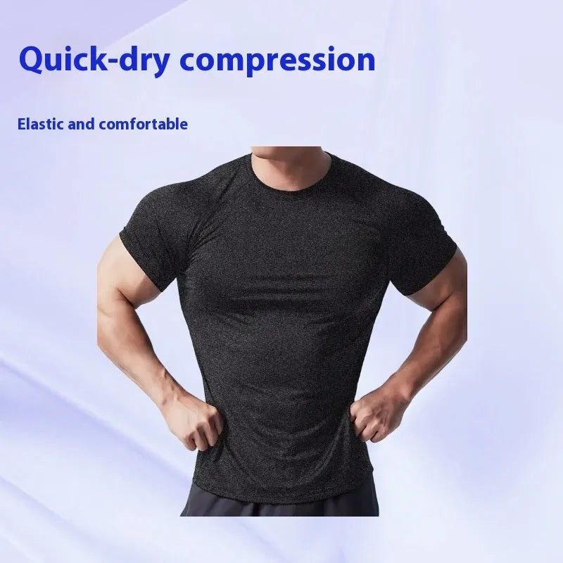 Men's black quick-drying stretch polyester short sleeve T-shirt on a hanger.
