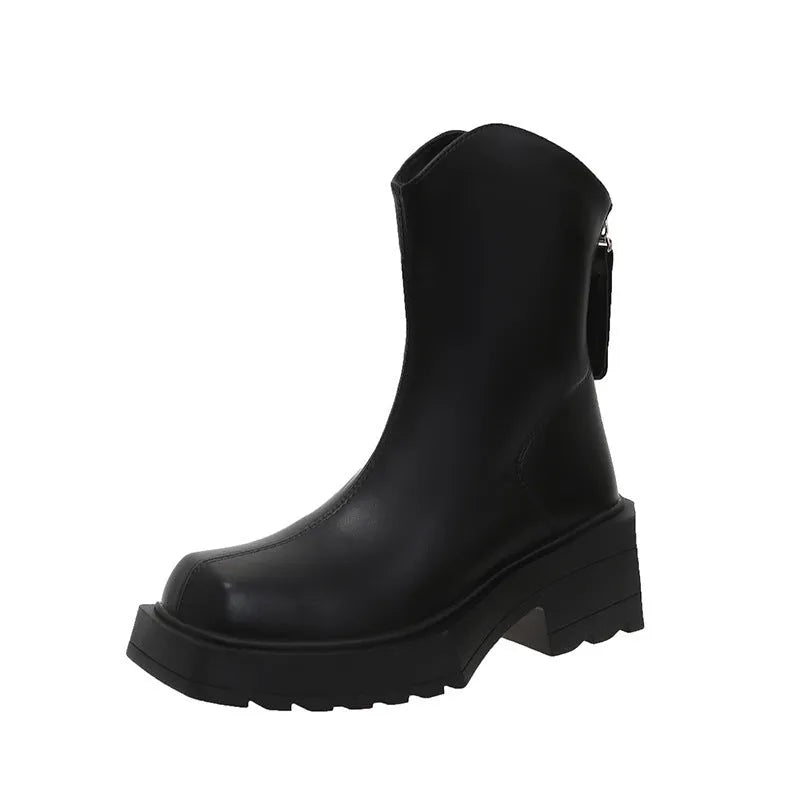 Black women's platform ankle boots with a square toe, chunky sole, and a back zip fastener.