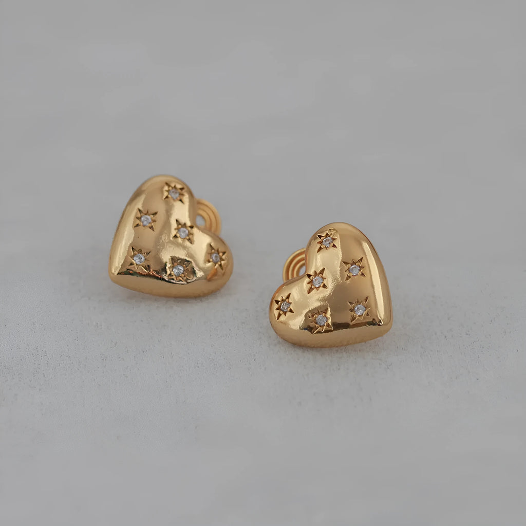 Light luxury 3D high-end copper heart earrings for women, electroplated finish, silver stud or clip style
