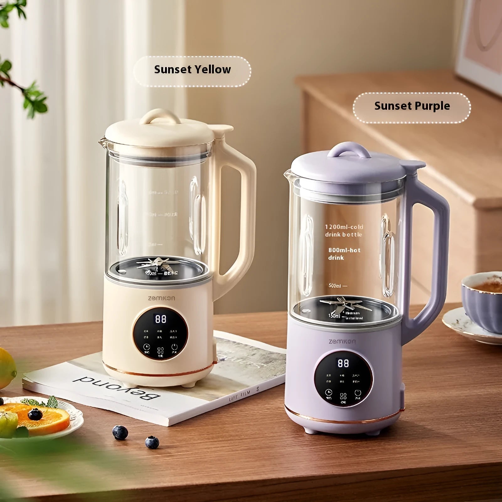 Household soy milk machine with glass body in milky white colour showing touch controls and 1.2L capacity
