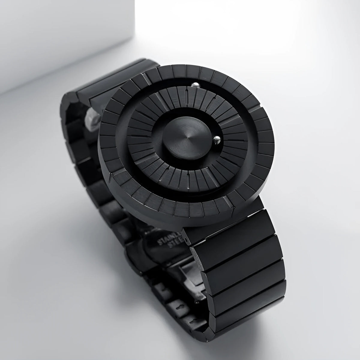 Men's black sports watch with 43mm round dial, stainless steel strap, and butterfly double snap-fastener.
