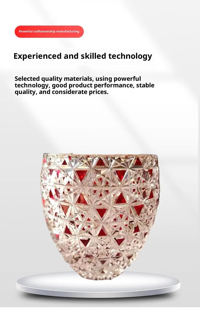 Red hand-carved crystal glass cup with Japanese Jianghu cut pattern, cylindrical shape, 201-300 ml capacity