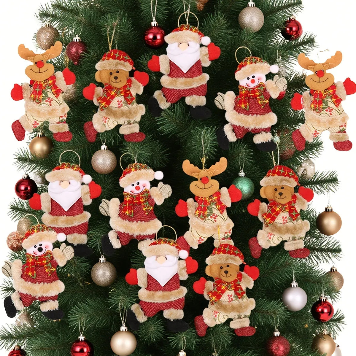 Christmas tree ornaments set with Santa, snowman, reindeer and bear figures in red and white scarves, golden balls and red bows.