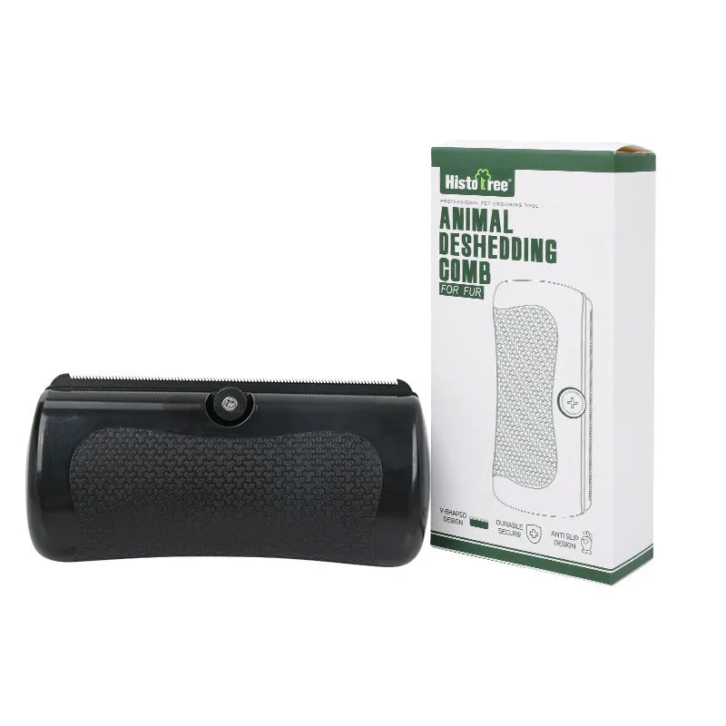 Black PP pet hair removal comb for dogs, 68x146mm, on a light background