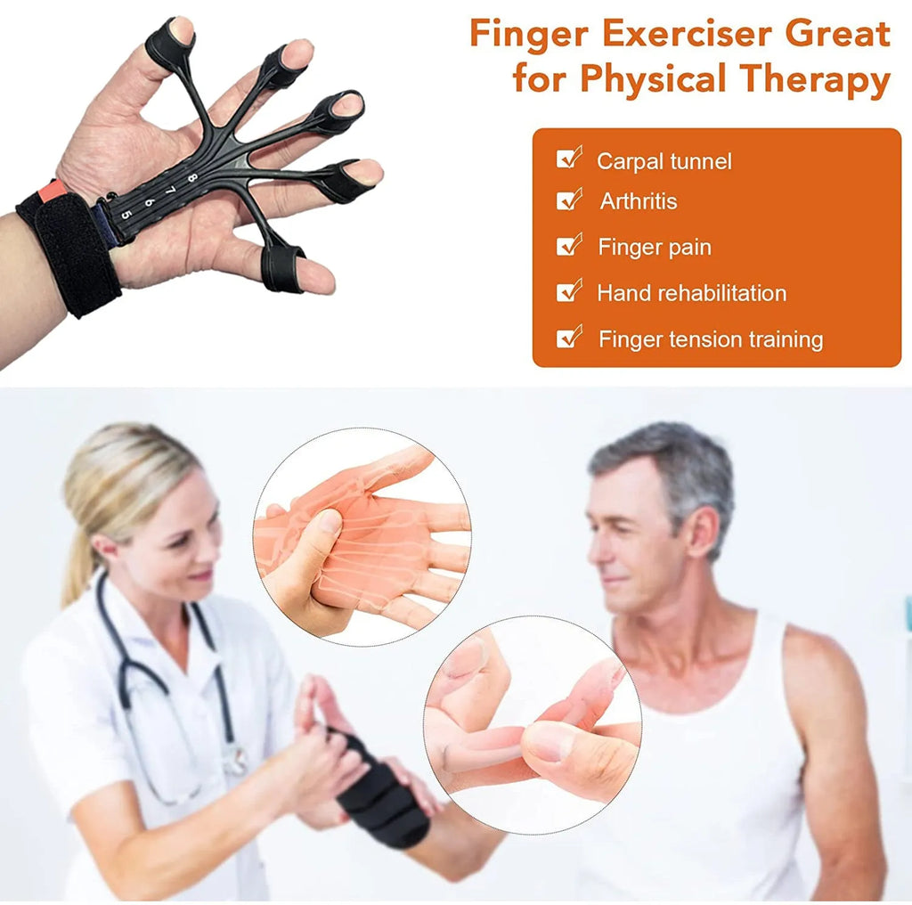 Silicone finger flexion and extension trainer with adjustable belts in black and grey colours