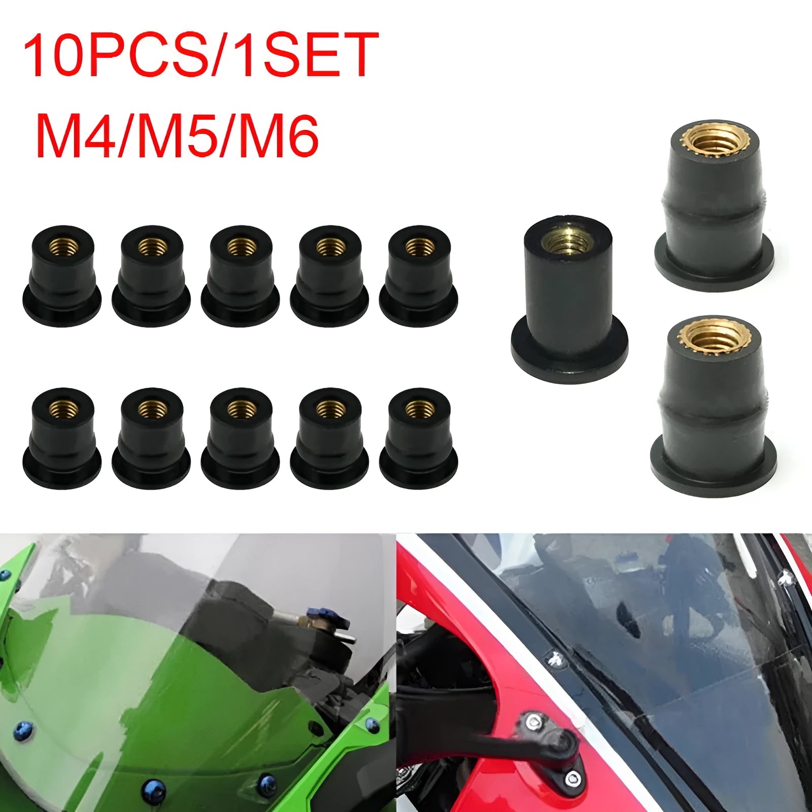 Black rubber motorcycle expansion well nuts with brass threads, set of 10 pieces in M4 M5 M6 sizes.