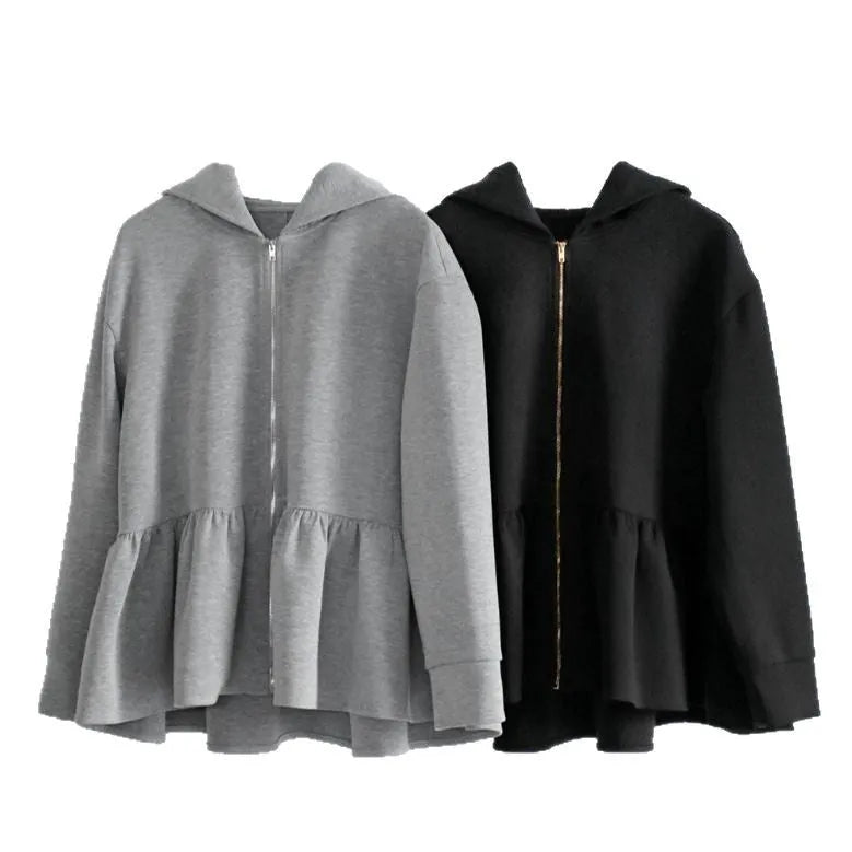 Japanese Korean style women's hooded sweatshirt jacket in gray, loose fit with petal sleeves