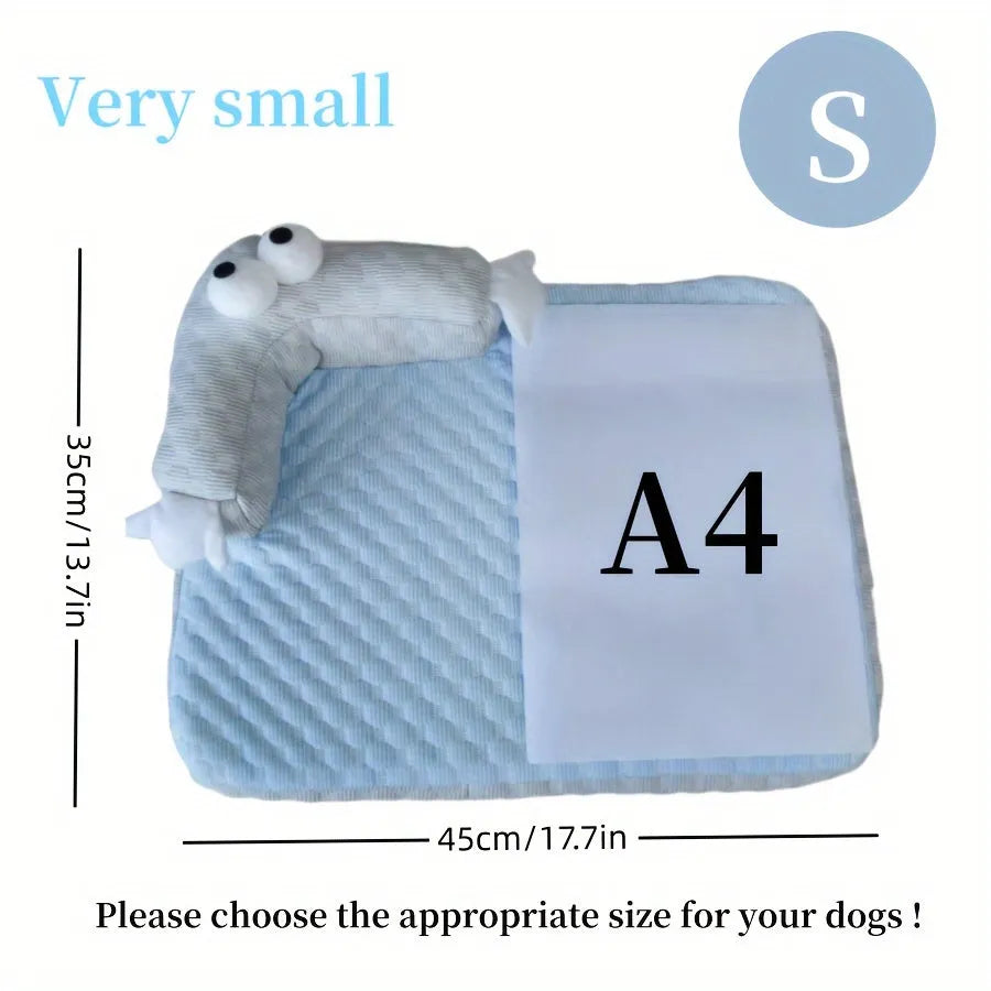 Blue big-eyed monster design non-slip pet cushion for dogs and cats on a wooden floor.