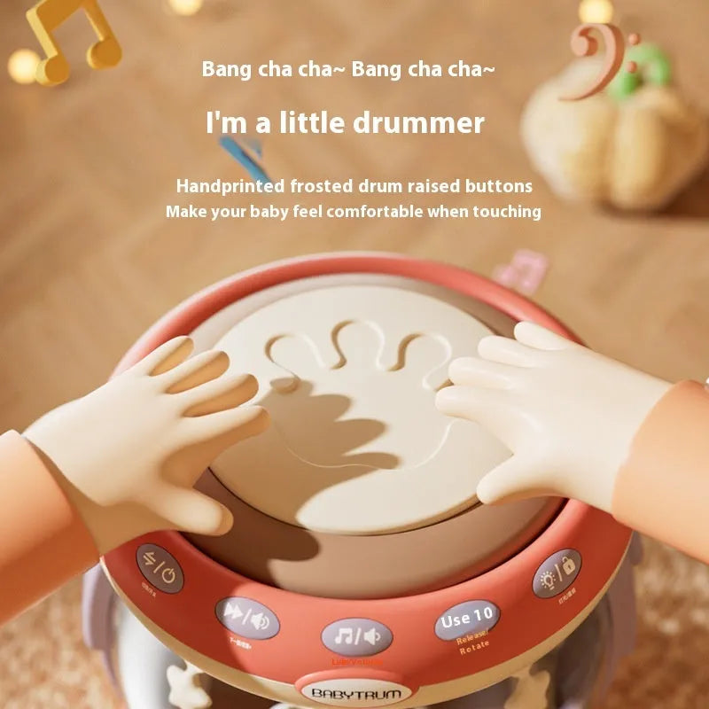 Children's carousel park hand drum toy in green with rechargeable battery and adjustable volume