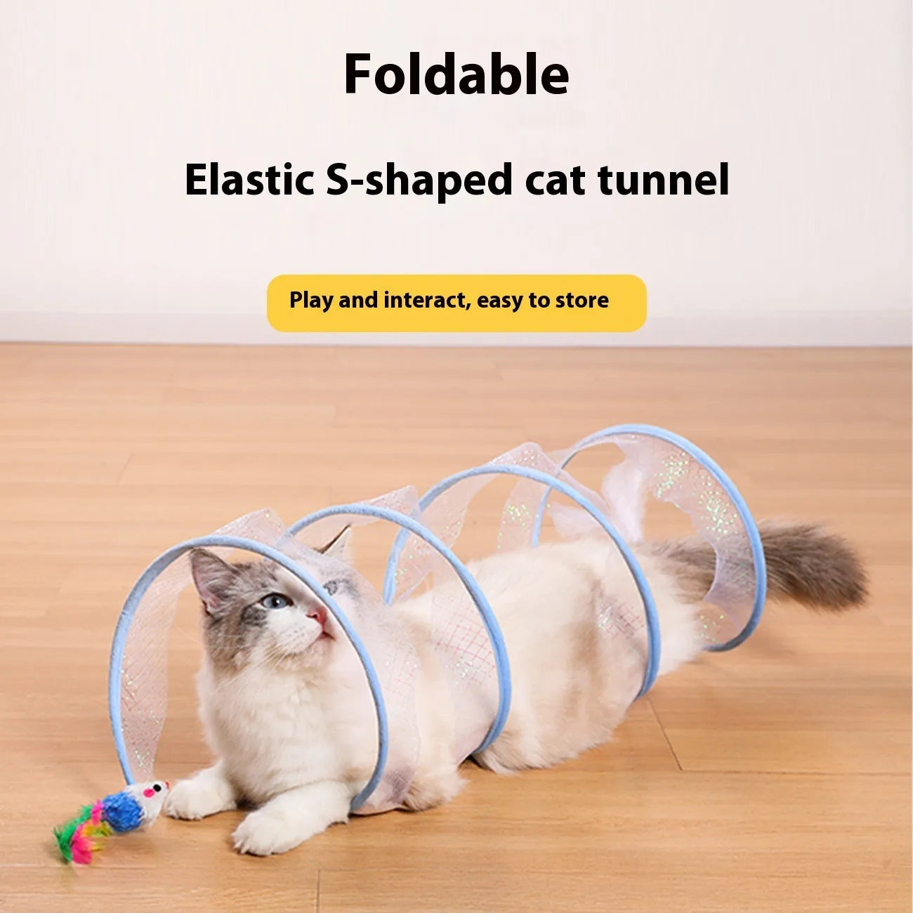 S-type steel frame cat tunnel with elastic netting and dangling feather toys for feline play