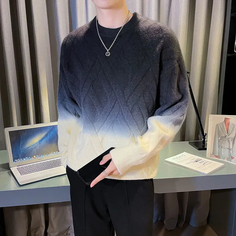 Men's retro crew neck sweater with rhombus tie-dyed jacquard pattern, loose fit, available in four colours