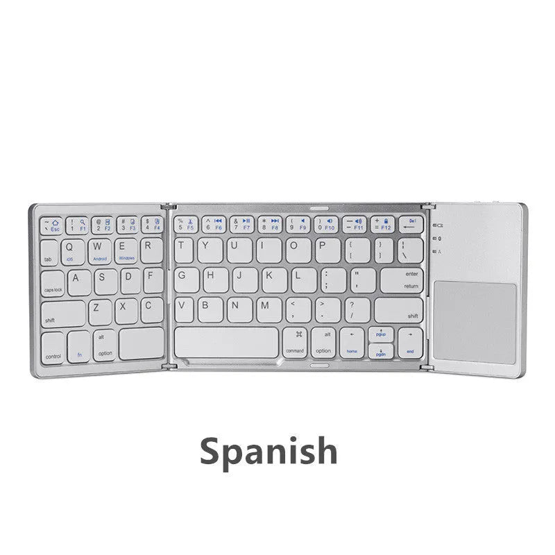 Black tri-fold folding Bluetooth keyboard with touchpad, shown both folded and unfolded next to a smartphone.
