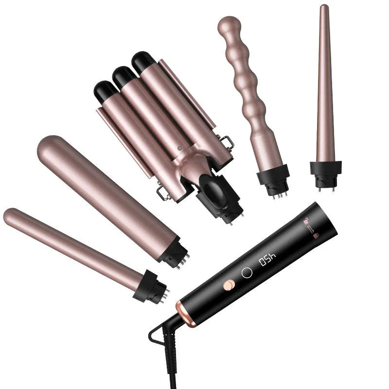 Rose gold five-in-one tube replacement hair curler with LCD screen display and protective gloves