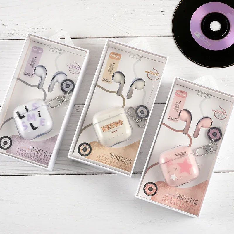 TWS-103 binaural in-ear earphones in white, pink, and purple with PC ABS build