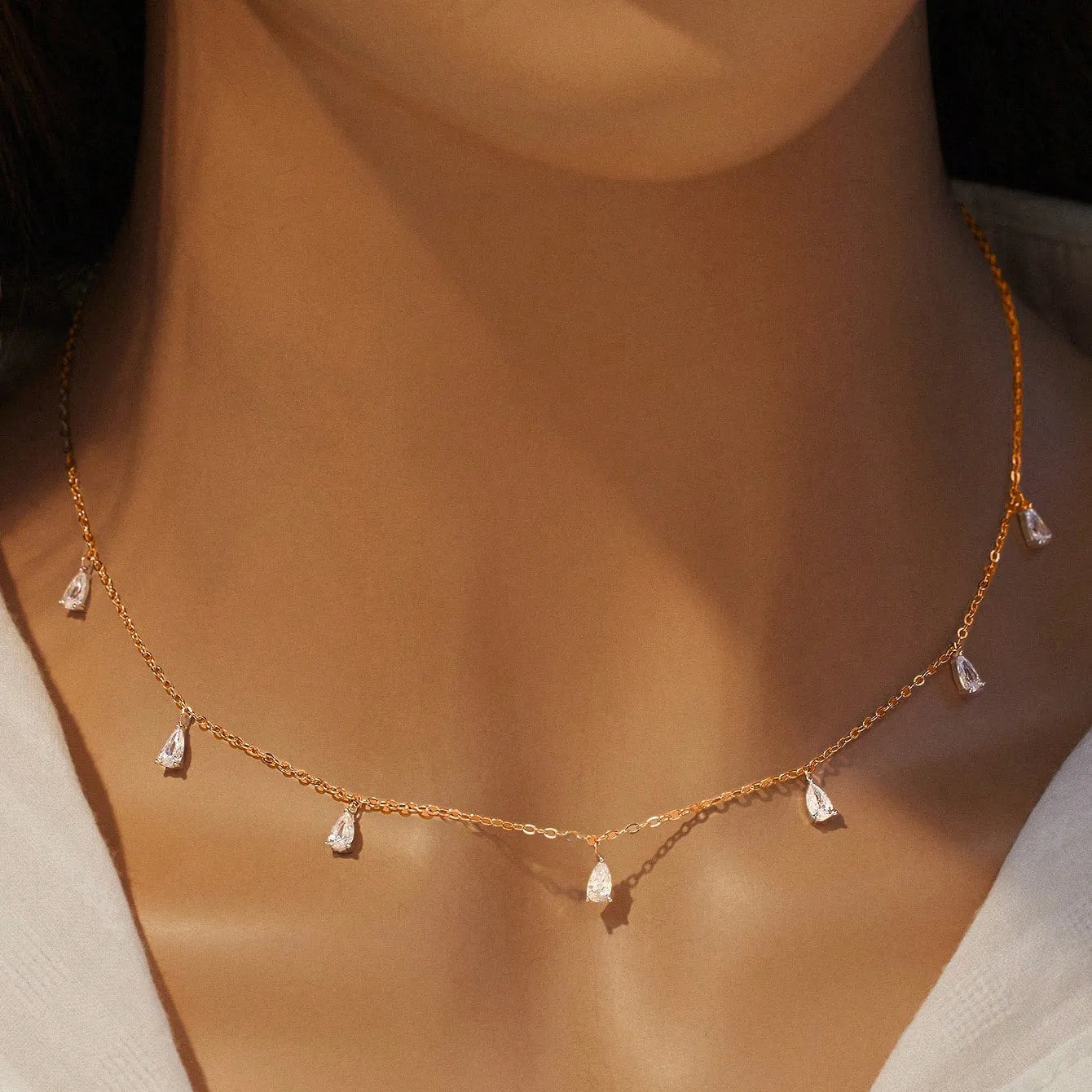 925 silver drop-shaped artificial zircon necklace with adjustable O-chain in silver, rose gold, or golden yellow