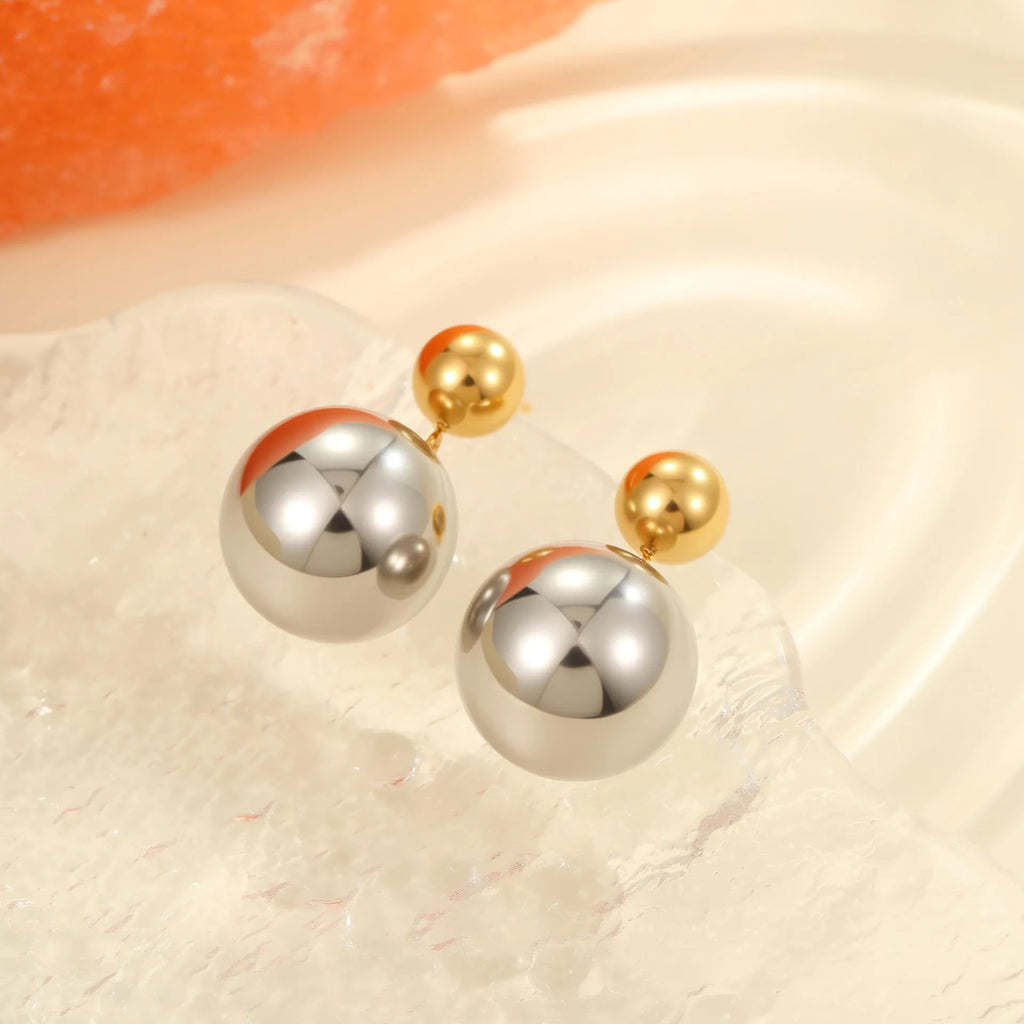 Stainless steel geometric ear studs with round bead design and colour-block electroplating