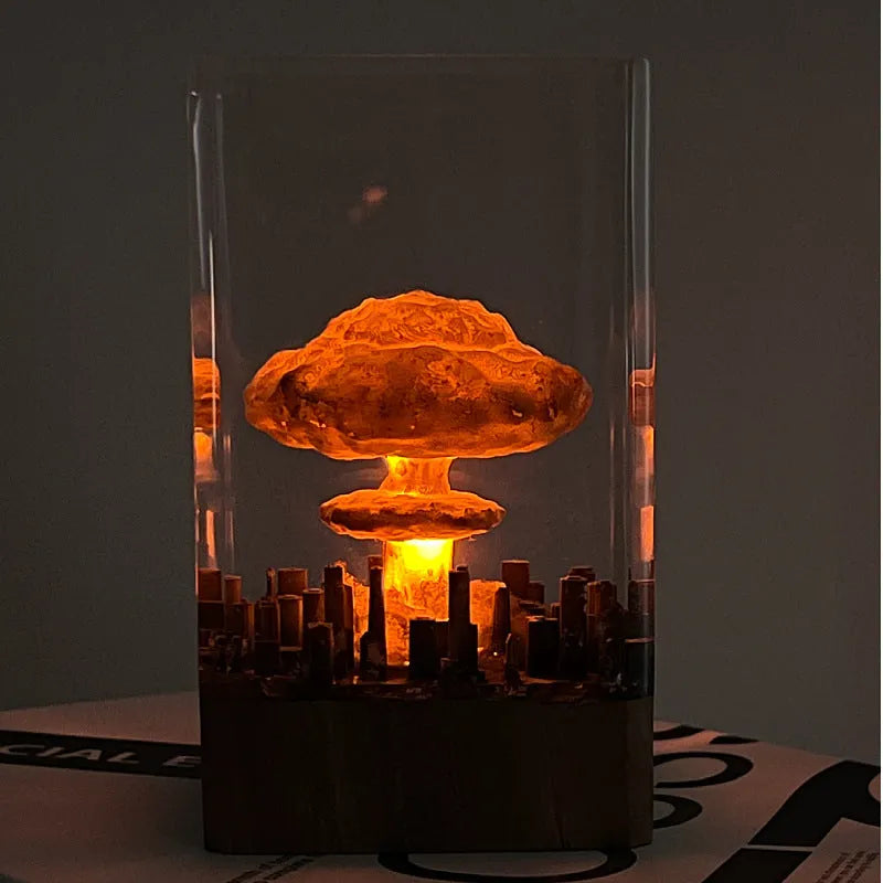 Small resin craft night lamp ornament shaped like an atomic bomb mushroom cloud explosion.
