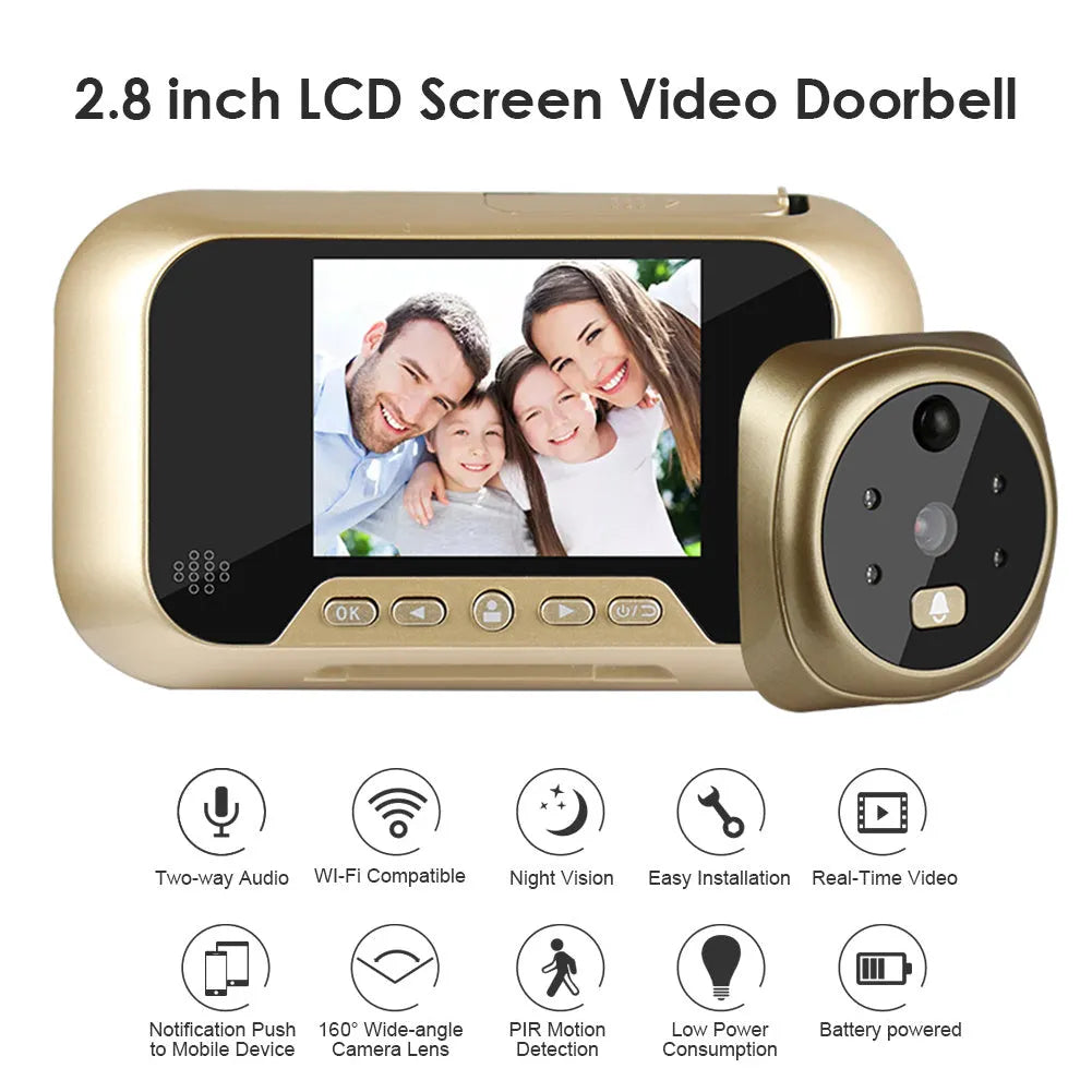Gold 2.8 inch video doorbell with infrared night vision lens and LCD screen