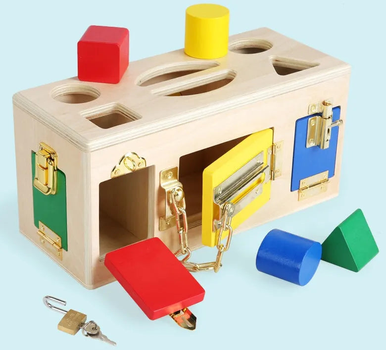 Wooden shape lock box educational toy with 12 pieces for preschool learning