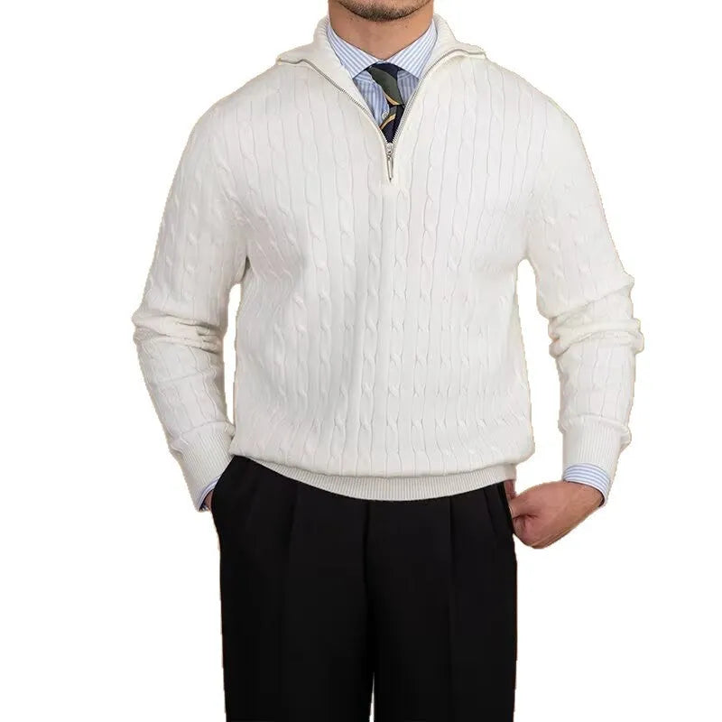 Men's black polyester slim-fit long sleeve sweater on plain backdrop