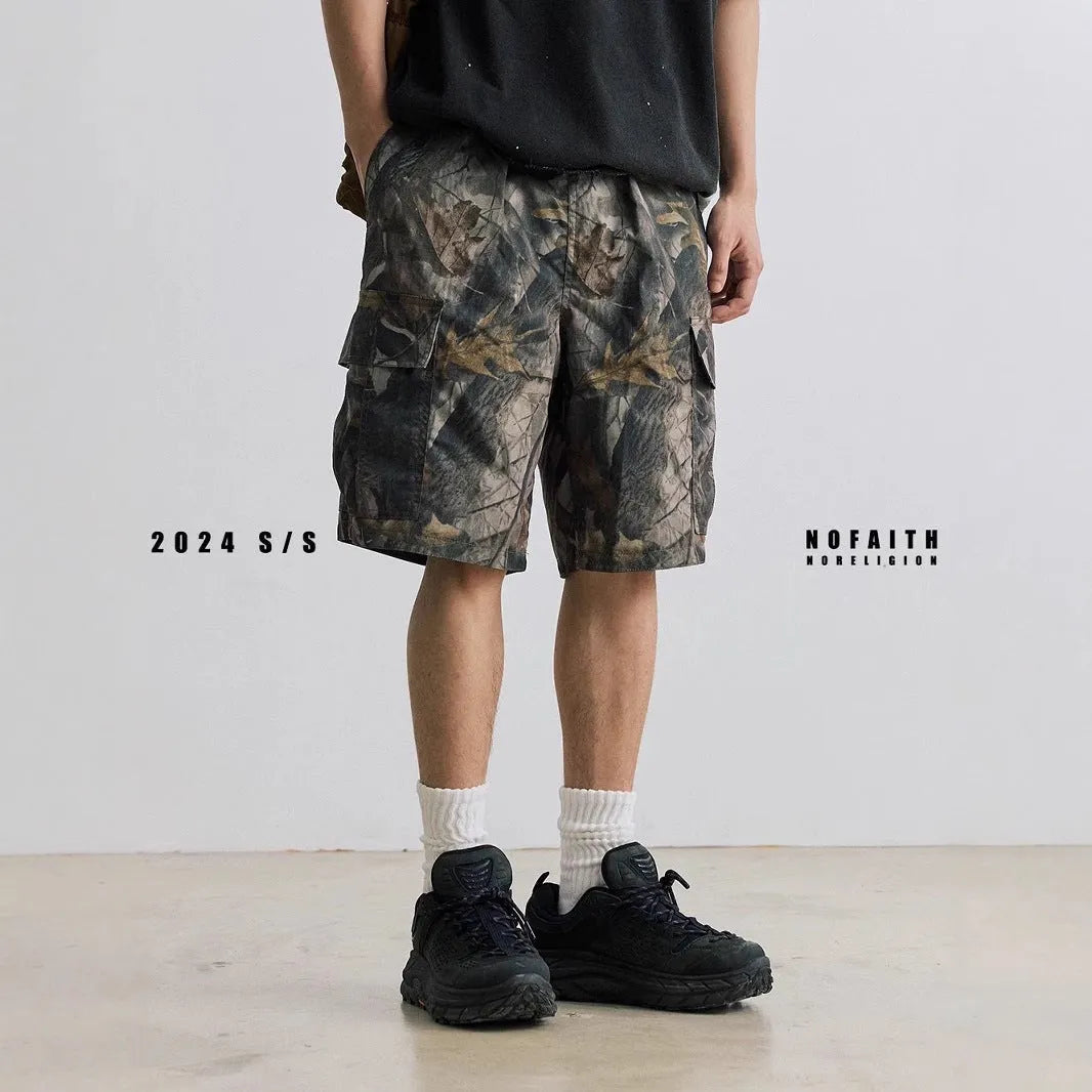 Men's loose straight-leg denim shorts with elastic waist in black or army green colour
