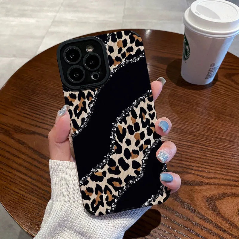 Black stitching leopard print imitation leather drop-resistant phone case for Apple iPhone models