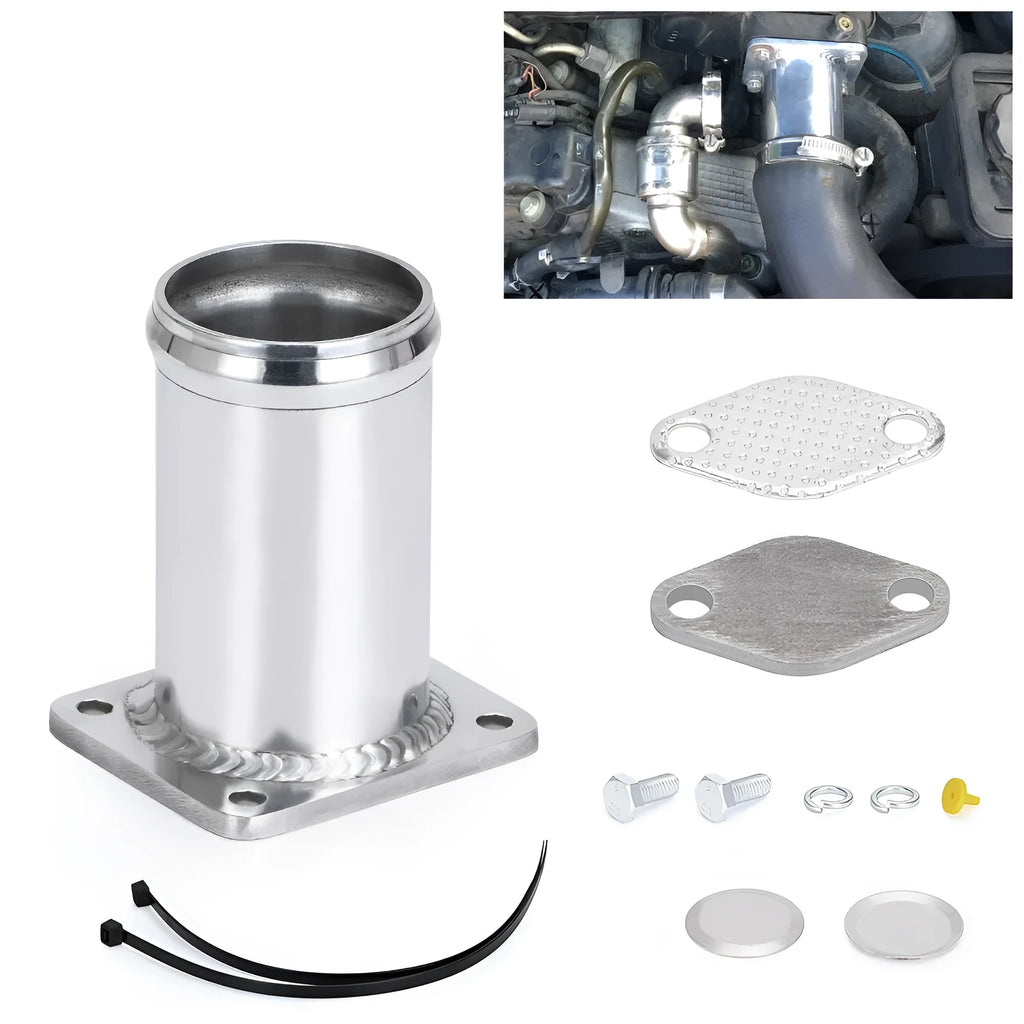 BMW E46 diesel EGR delete kit showing removal pipe, blanking plates, bolts, vacuum plug, and cable ties