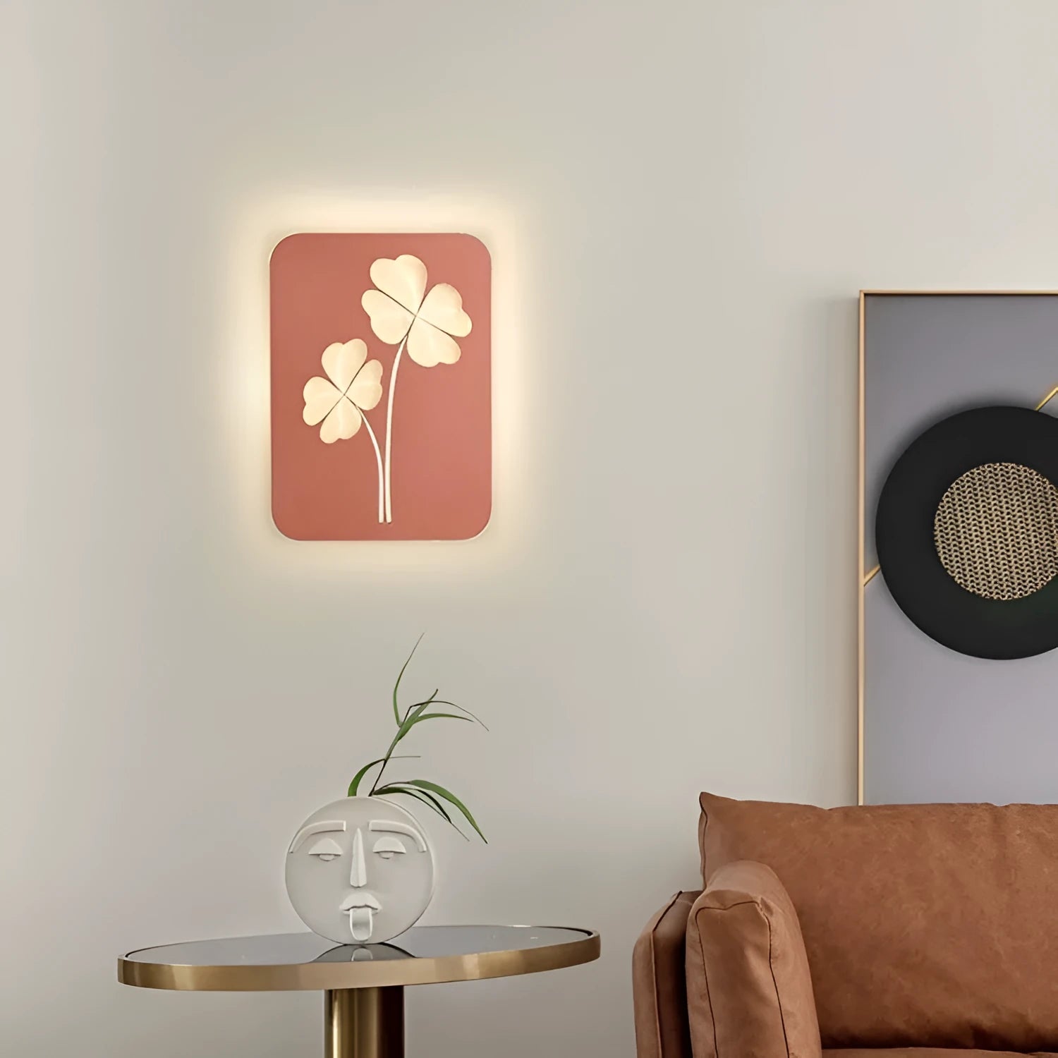 Modern bedside wall lamp with acrylic shade in six designs: white or pink square four-leaf clover, round ginkgo leaf, and round love heart.