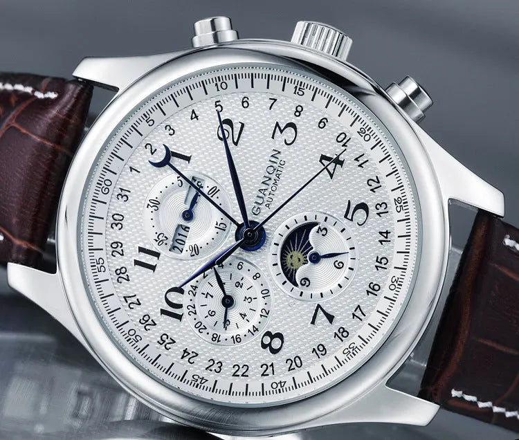 Men's mechanical perpetual calendar watch with moon phase display on leather strap