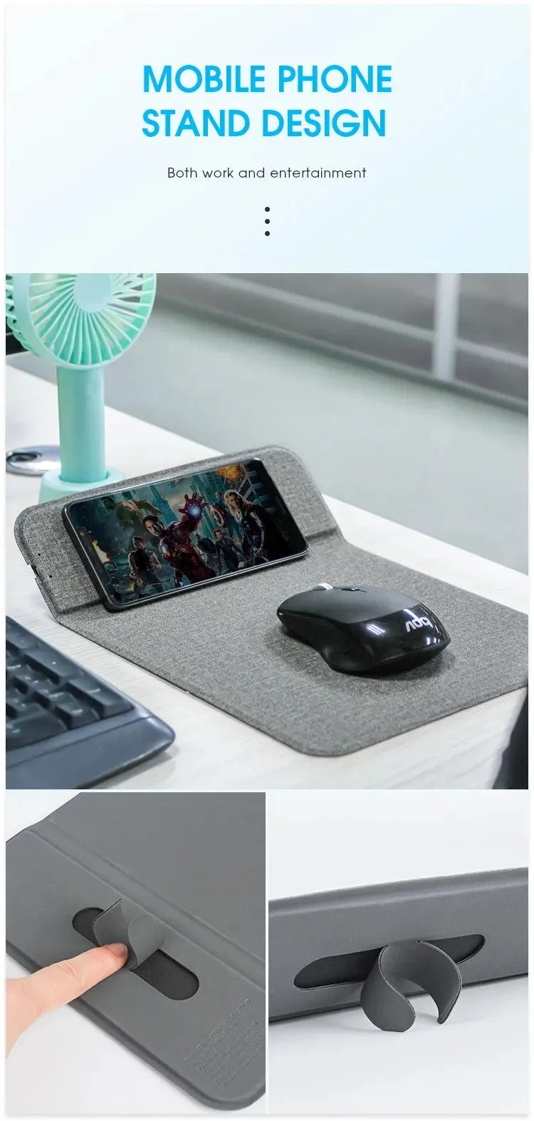 Foldable cloth phone holder with wireless charging, shown upright with a phone on it.