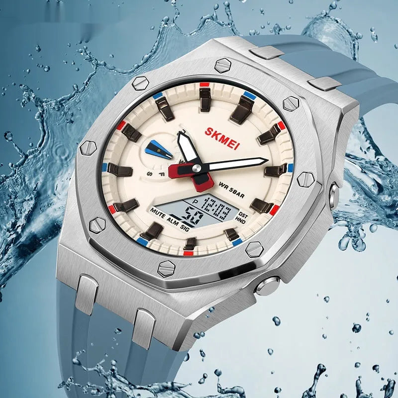 Multifunctional sports waterproof luminous electronic watch with circular dial, silicone strap, and LED display