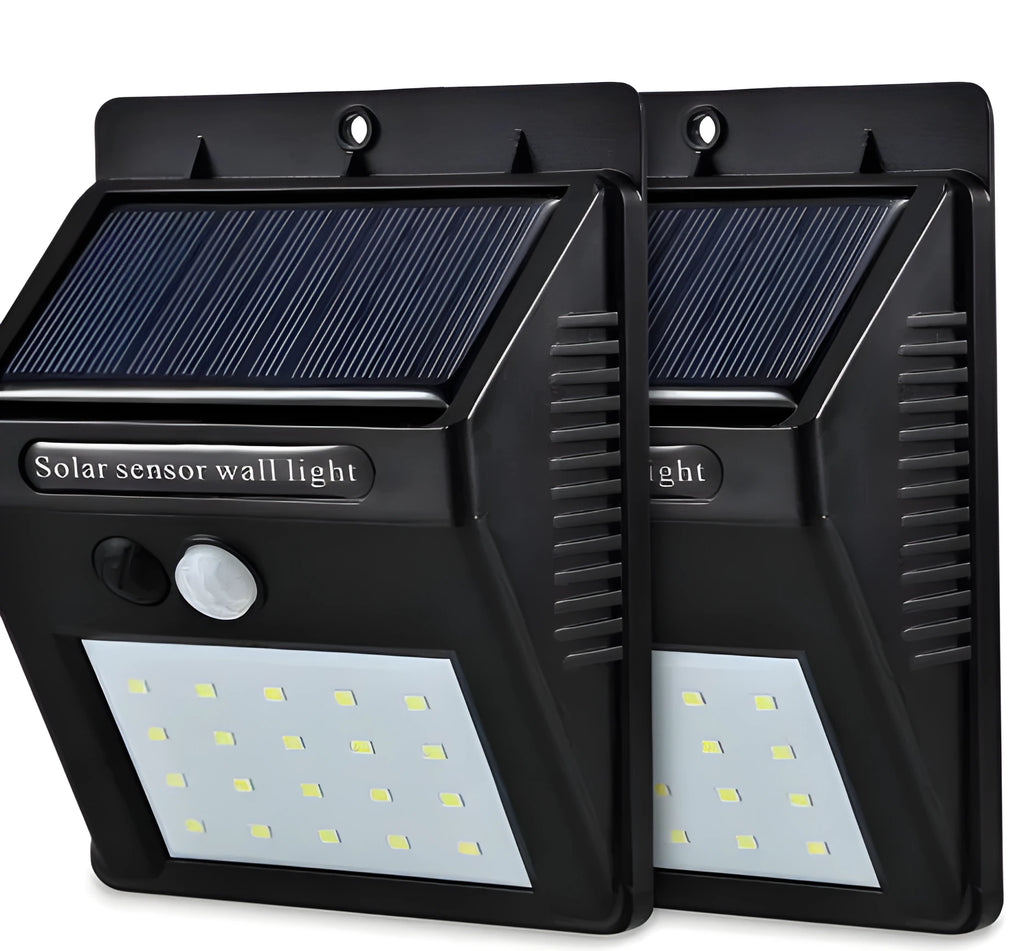 Solar sensor light with 20 LED beads and infrared sensor on a wall in outdoor setting