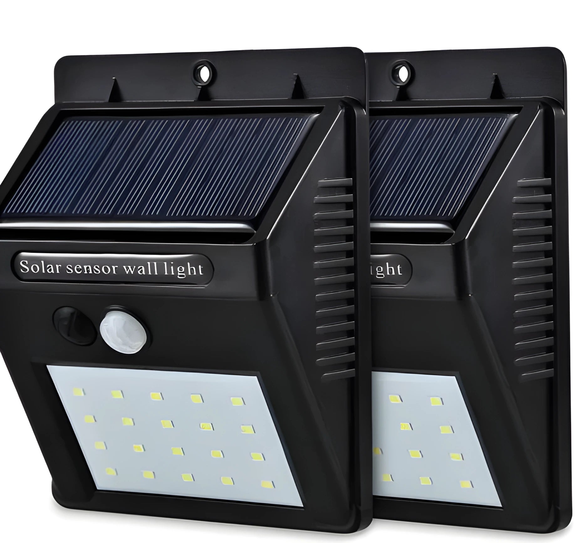 Solar sensor light with 20 LED beads and infrared sensor on a wall in outdoor setting