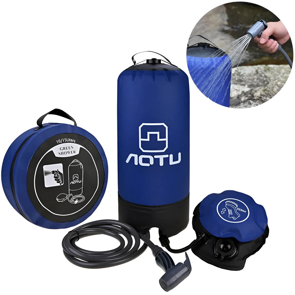 Blue portable outdoor shower bag with 11L capacity, foot pump, and 200cm hose